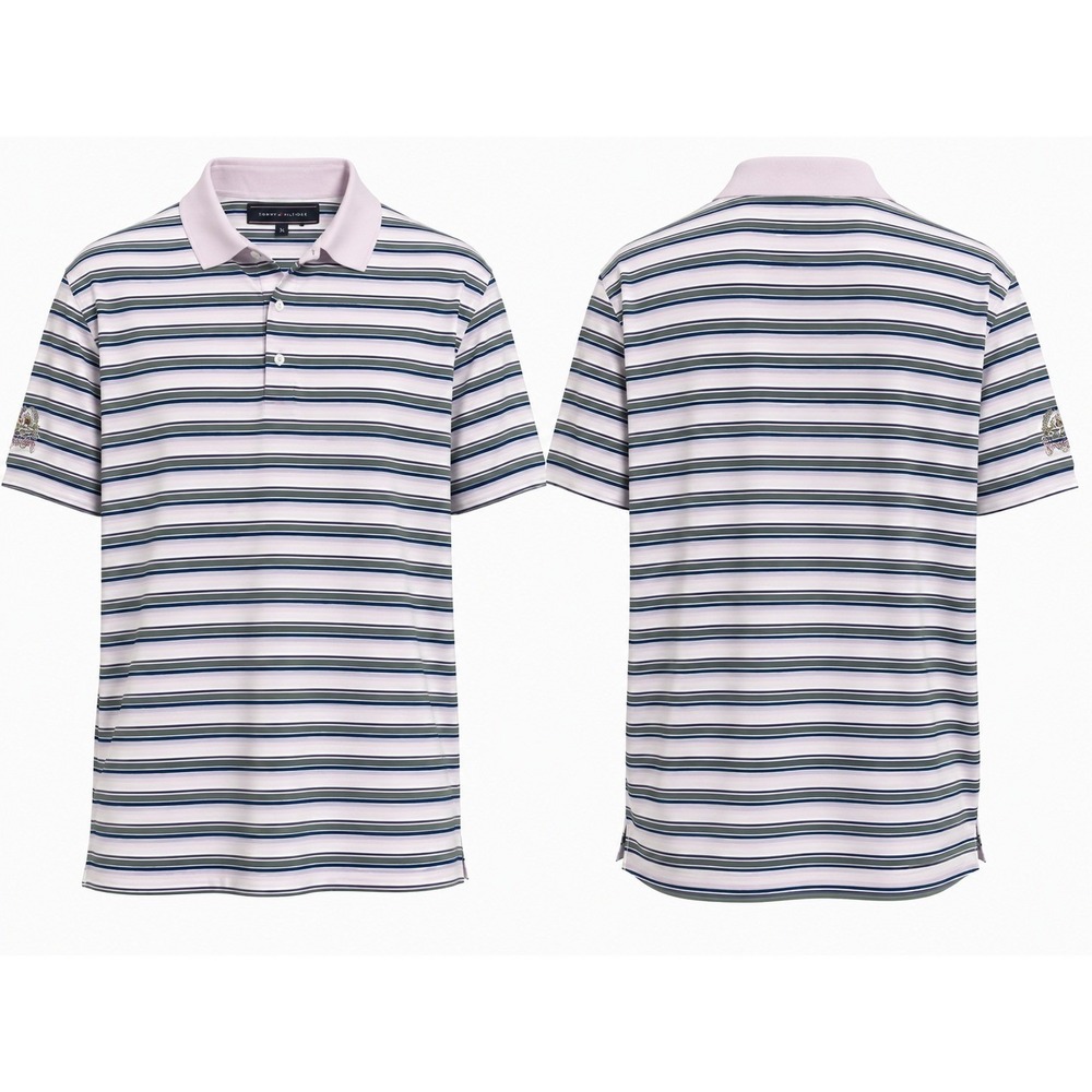 Vintage 90s Tiger Woods Golf Polo Large Striped Pink Gray Blue Federal Club